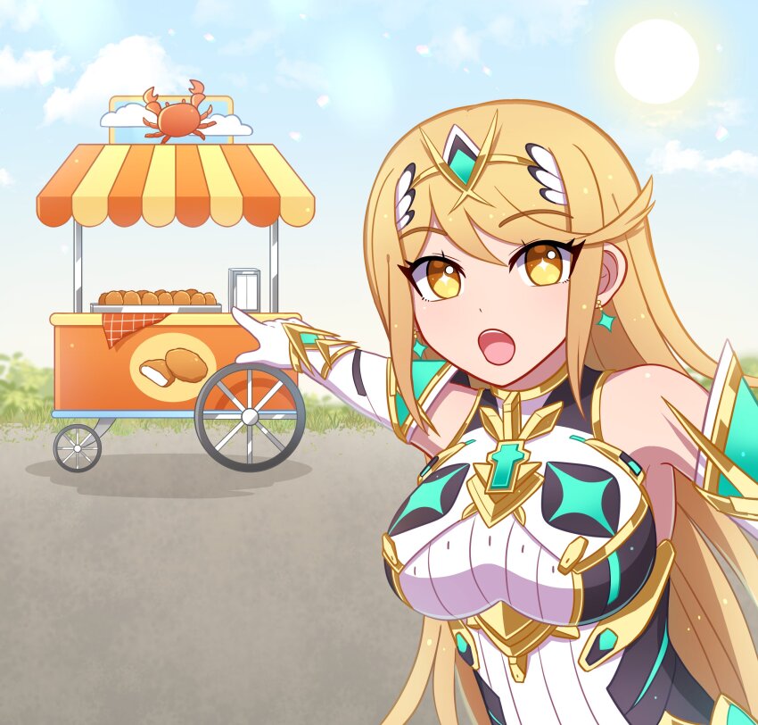 1girl :o absurdres blonde_hair commentary commission crab dress elbow_gloves english_commentary enni food_stand gloves highres long_hair looking_at_viewer meme mythra_(massive_melee)_(xenoblade) mythra_(xenoblade) open_mouth pointing pointing_backward solo two_soyjaks_pointing_(meme) upper_body very_long_hair white_dress white_gloves xenoblade_chronicles_(series) xenoblade_chronicles_2 yellow_eyes