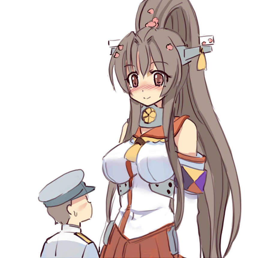 1boy 1girl admiral_(kancolle) blush breasts brown_eyes brown_hair collar detached_sleeves giant giantess headgear height_difference highres kantai_collection large_breasts long_hair looking_at_another metal_collar military military_uniform naval_uniform pleated_skirt ponytail red_skirt seo_tatsuya simple_background size_difference skirt towering very_long_hair white_background yamato_(kancolle) z-flag