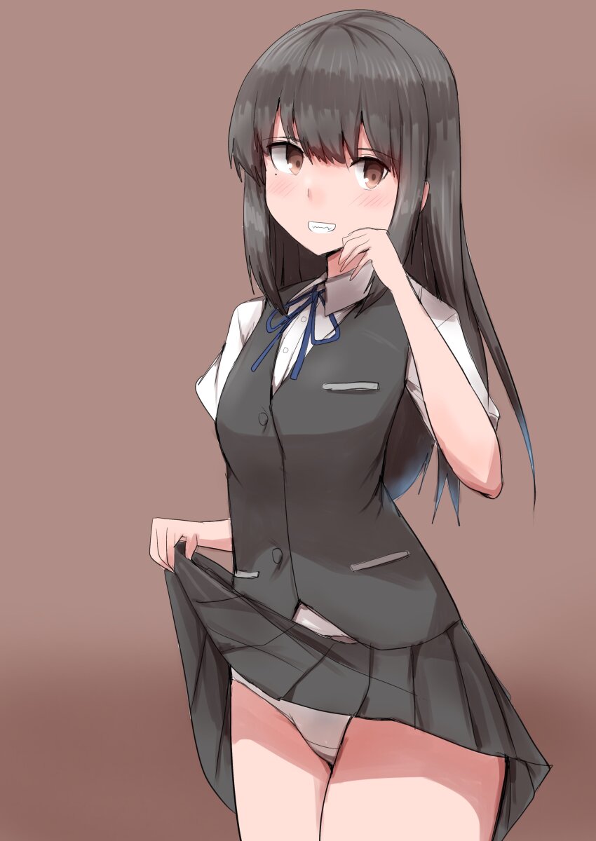 1girl absurdres black_hair black_skirt black_vest blue_ribbon brown_background brown_eyes clothes_lift collared_shirt cowboy_shot dress_shirt grin hayashio_(kancolle) highres kamaboko_senshi kantai_collection long_hair mole mole_under_eye neck_ribbon panties pleated_skirt ribbon shirt skirt skirt_lift smile solo underwear vest white_panties white_shirt