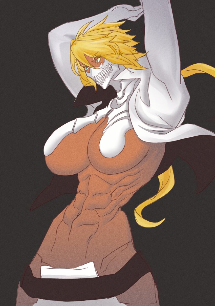 1girl 2023 abs bleach blonde_hair breasts colored_eyelashes cropped_jacket dark-skinned_female dark_skin espada female_focus frey_seamonster green_eyes highres large_breasts medium_hair simple_background tier_harribel toned toned_female underboob