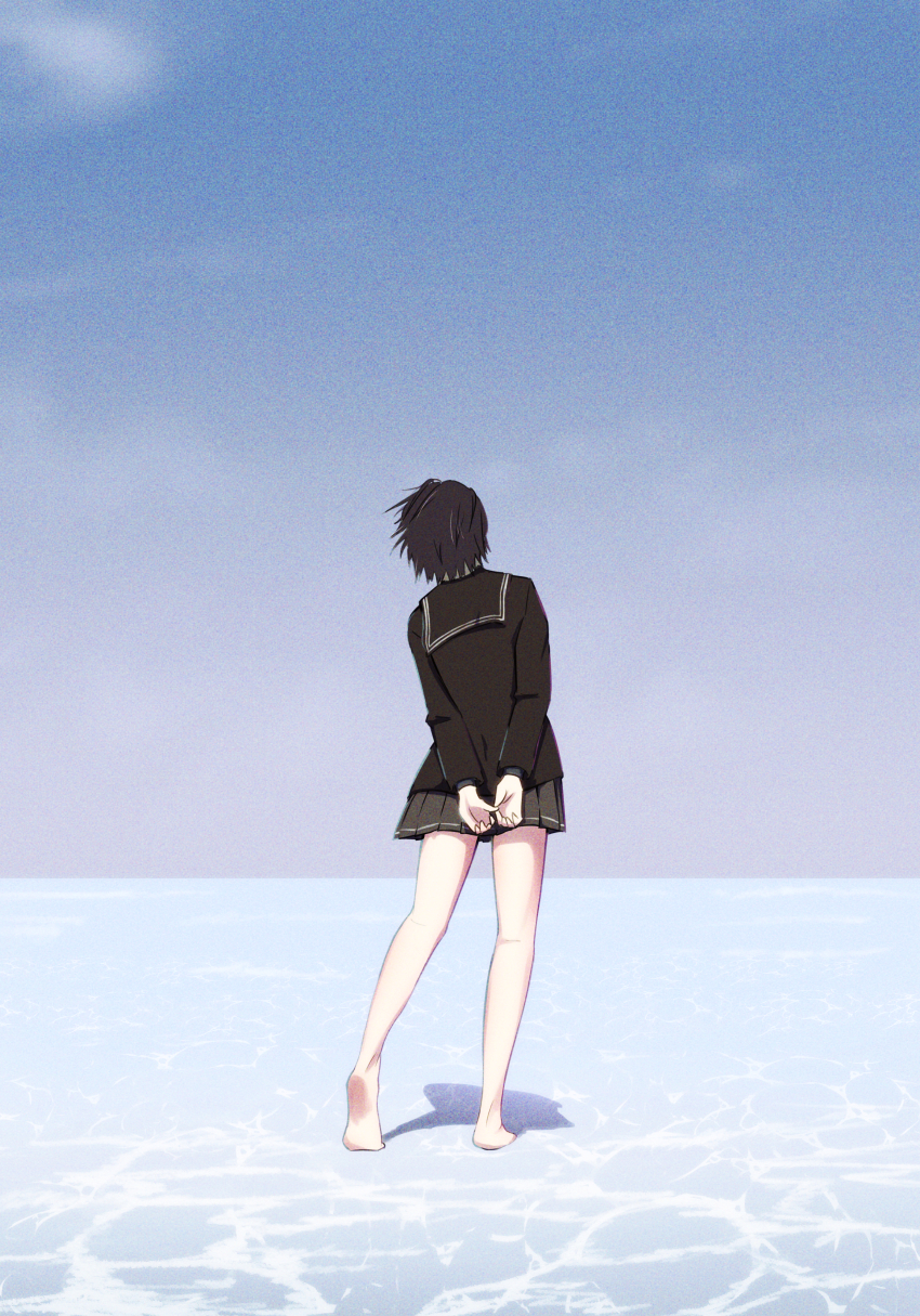 1girl absurdres amagami arms_behind_back barefoot black_hair black_jacket black_sailor_collar black_skirt blue_sky cloud commentary facing_away film_grain gradient_sky grey_sky heel_up highres horizon jacket kibito_high_school_uniform leaning_to_the_side long_sleeves nanasaki_ai oshizu outdoors own_hands_together pleated_skirt sailor_collar school_uniform short_hair skirt sky solo standing v_arms wide_shot wind