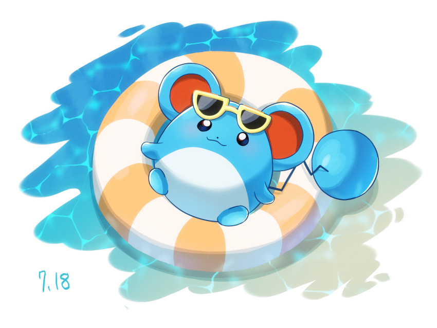 afloat black_eyes border bright_pupils closed_mouth commentary_request dated from_above gen_2_pokemon highres innertube marill nintendo no_humans nori_(hgdm2784) pokemon pokemon_(creature) smile solo sunglasses swim_ring water white_border white_pupils yellow-framed_eyewear