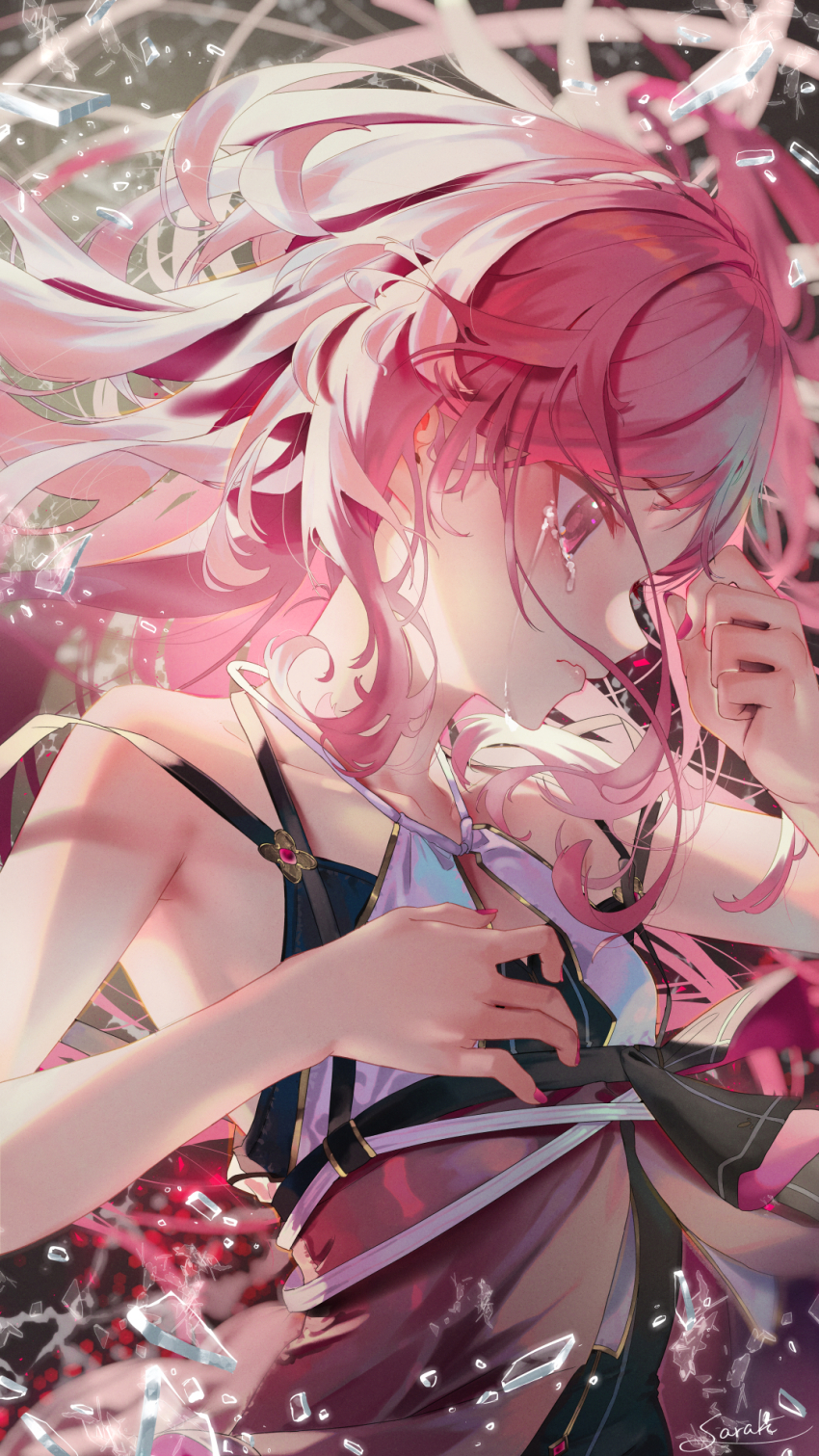 1girl bare_arms broken_glass closed_mouth crying crying_with_eyes_open floating_hair glass halterneck highres long_hair looking_away nail_polish original pink_eyes pink_hair profile saraki signature solo strap_slip tears upper_body
