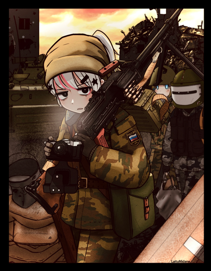 1girl 1other 2girls altyn_helmet ammunition_belt ammunition_box armored_personnel_carrier armored_vehicle beanie black_eyes blue_eyes camera combat_helmet gloves gun hat helmet highres holding holding_gun holding_weapon laitumidane machine_gun military_combat_uniform military_uniform motor_vehicle multiple_girls original over_shoulder pkm ponytail russian_ground_forces ssh-68_combat_helmet weapon weapon_over_shoulder white_hair
