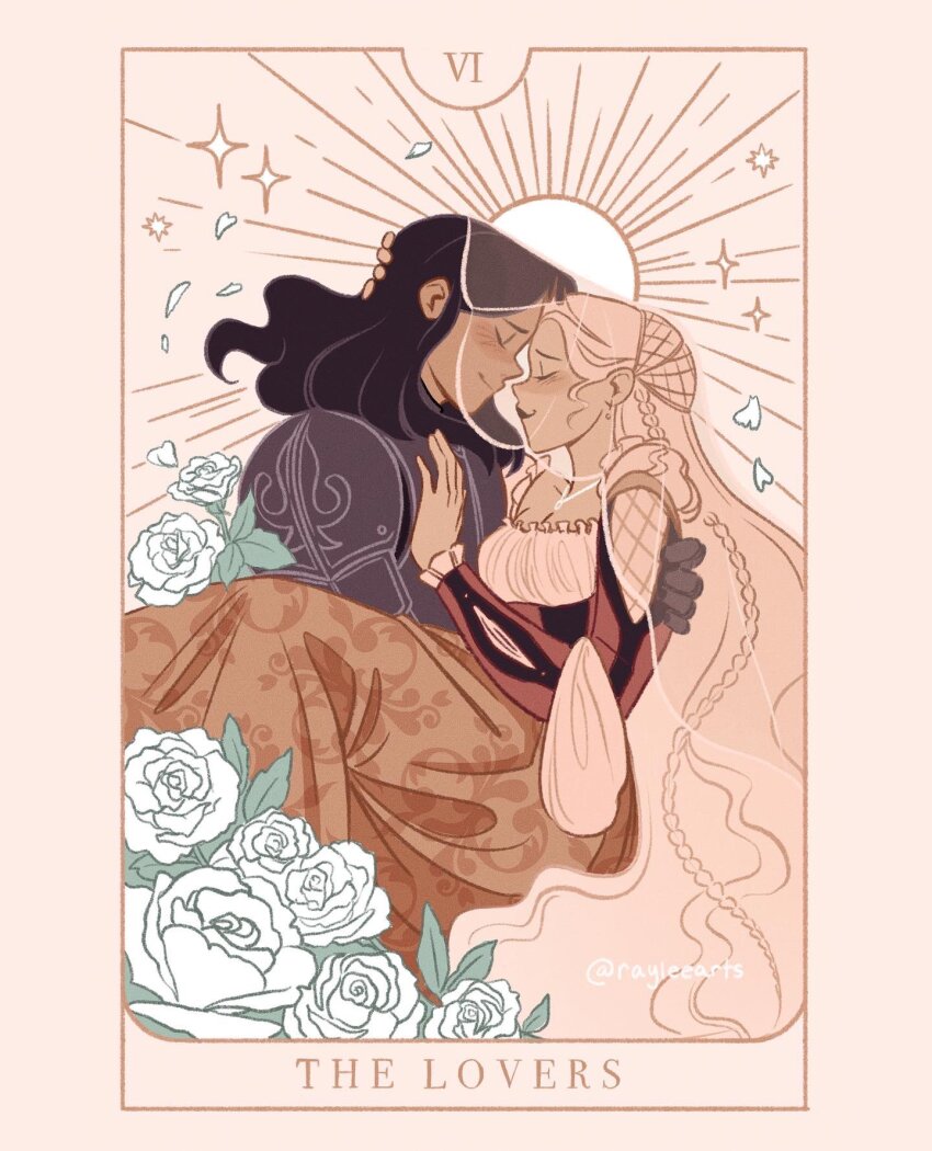 2girls armor black_hair border braid breastplate brown_skirt card_(medium) carrying carrying_person commentary english_commentary flower forehead-to-forehead gauntlets hair_ornament hand_on_another&#039;s_chest heads_together highres long_hair medium_hair multiple_girls original patterned_legwear pauldrons pink_border pink_hair pink_shirt raylee shirt shoulder_armor side_braid skirt sparkle sun sunlight tarot tarot_(medium) the_lovers_(tarot) twitter_username very_long_hair white_flower yuri