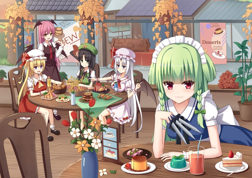 5girls :&lt; :3 :d ascot black_skirt black_vest blonde_hair blue_eyes blue_skirt blunt_bangs blunt_ends blush bow braid bread breasts chair chinese_commentary closed_mouth collared_shirt commentary_request cosplay day drinking_straw embodiment_of_scarlet_devil eyelashes eyes_visible_through_hair flandre_scarlet flandre_scarlet_(cosplay) flower food frilled_shirt_collar frilled_skirt frills frown glass green_bow green_eyes green_hat hair_between_eyes hair_bow hair_down hand_up hat hat_ribbon highres hime_cut hitachi_mako holding holding_knife hong_meiling hong_meiling_(cosplay) index_finger_raised izayoi_sakuya izayoi_sakuya_(cosplay) jitome knife koakuma koakuma_(cosplay) kurama_koharu large_breasts lena_liechtenauer long_hair looking_at_another looking_at_viewer maid maid_headdress mob_cap multiple_girls murasame_(senren) necktie on_chair one_side_up open_mouth outdoors party pink_hair pink_hat plant pointing pointing_at_another potted_plant pudding puffy_short_sleeves puffy_sleeves purple_bow purple_eyes red_ascot red_eyes red_flower red_necktie red_ribbon red_skirt remilia_scarlet remilia_scarlet_(cosplay) ribbon senren_banka shirt short_sleeves shu_pian sitting skirt smile split_mouth sweets table tomotake_yoshino touhou tsurime twin_braids two_side_up very_long_hair vest voice_actor_connection white_hair white_hat white_shirt white_skirt yellow_ascot yellow_eyes