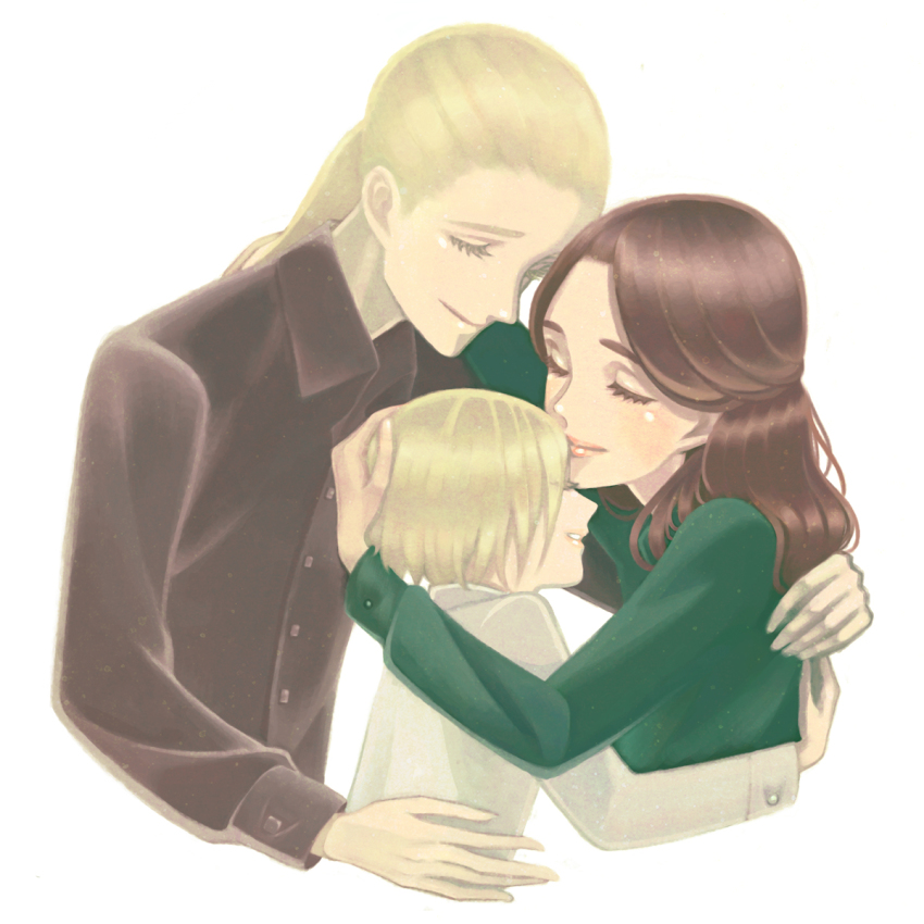 1girl 2boys aged_up astoria_greengrass blonde_hair brown_hair closed_eyes draco_malfoy father_and_son harry_potter_(series) harry_potter_and_the_cursed_child highres hug long_hair mother_and_son multiple_boys ponytail scorpius_malfoy short_hair smile wizarding_world