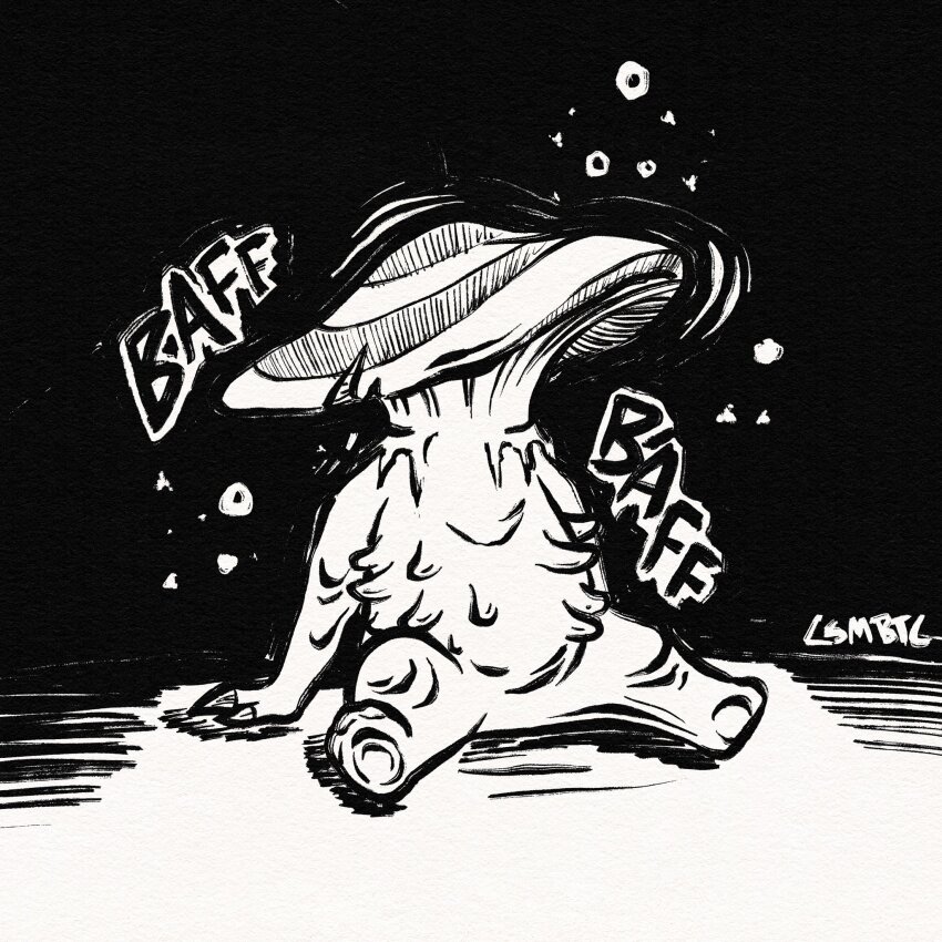 claws commentary csmbtc dorohedoro en_(dorohedoro) english_commentary full_body greyscale highres inktober monochrome motion_lines mushroom no_humans signature sitting solo sound_effects squeans