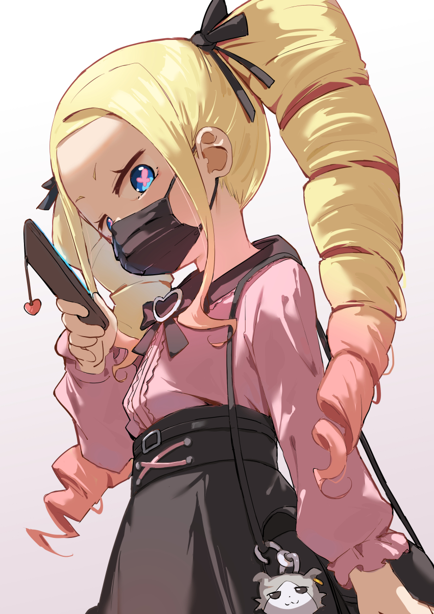1girl absurdres alternate_costume bag bag_charm beatrice_(re:zero) black_mask black_ribbon black_skirt blonde_hair blue_eyes butterfly-shaped_pupils cellphone cellphone_charm center_frills charm_(object) commentary_request drill_hair flat_chest frills gradient_hair hair_ribbon high-waist_skirt highres holding holding_phone jirai_kei kinn_(kinn70133) long_hair long_sleeves looking_at_viewer mask mouth_mask multicolored_hair parted_bangs phone pink_hair pink_shirt re:zero_kara_hajimeru_isekai_seikatsu ribbon shirt short_eyebrows shoulder_bag simple_background skirt smartphone solo symbol-shaped_pupils twin_drills two-tone_hair upper_body white_background