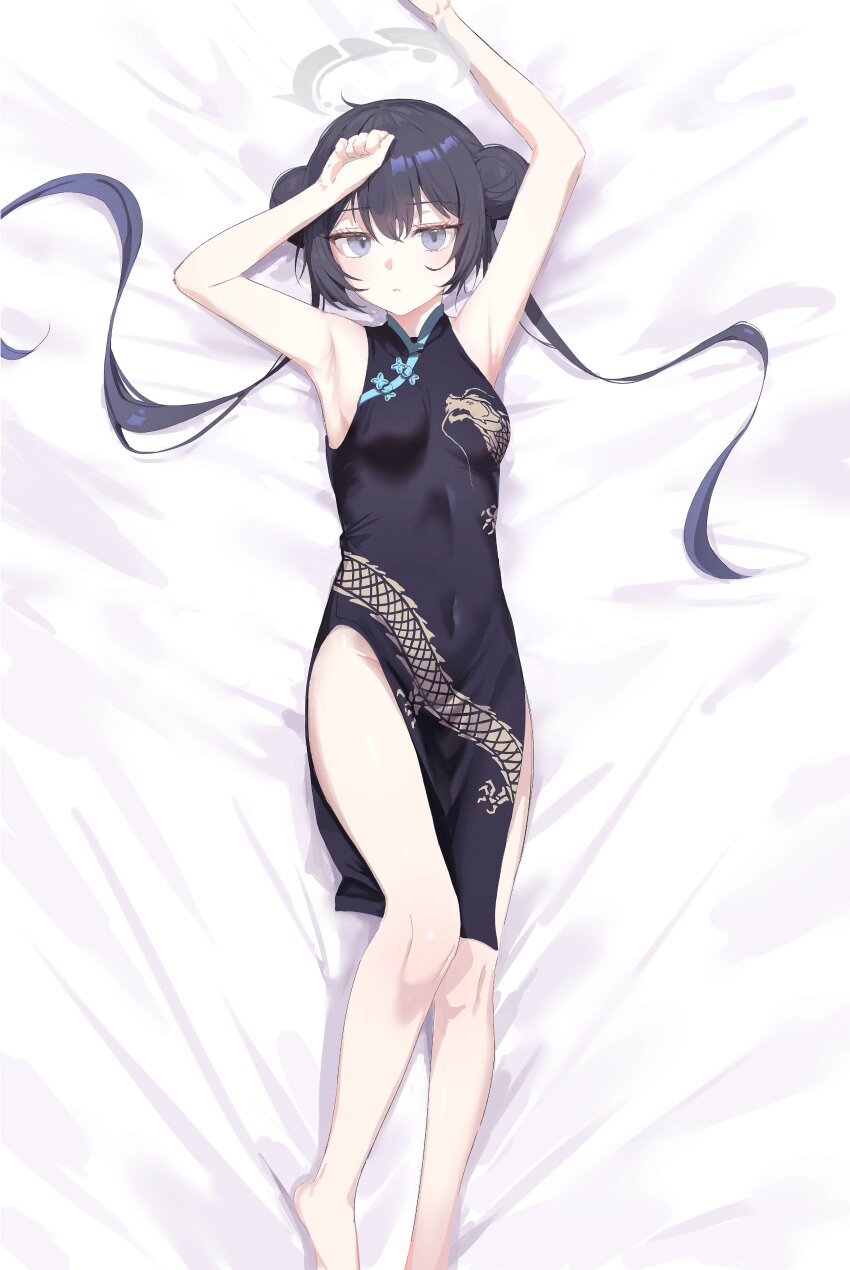 1girl absurdres armpits arms_up bare_arms bare_legs bare_shoulders barefoot bed_sheet black_dress black_hair blue_archive blue_eyes breasts china_dress chinese_clothes closed_mouth covered_navel double_bun dragon_print dress hair_bun halo highres kisaki_(blue_archive) long_hair looking_at_viewer lying medium_breasts no_jacket no_panties on_back pelvic_curtain print_dress sleeveless sleeveless_dress solo thighs twintails zapik