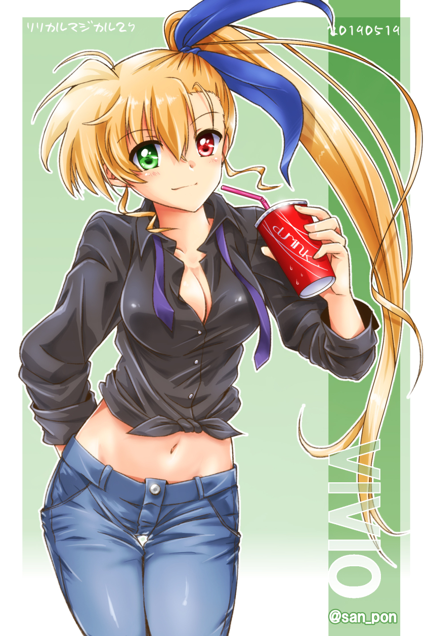1girl aged_up arm_behind_back bendy_straw black_shirt blonde_hair blue_pants blue_ribbon blush breasts character_name cleavage cup denim disposable_cup drinking_straw green_eyes hair_between_eyes hair_ribbon heterochromia highres holding holding_cup jeans large_breasts long_hair looking_at_viewer loose_necktie lyrical_nanoha mahou_shoujo_lyrical_nanoha_vivid midriff navel necktie pants red_eyes ribbon san-pon shirt side_ponytail solo twitter_username very_long_hair vivio