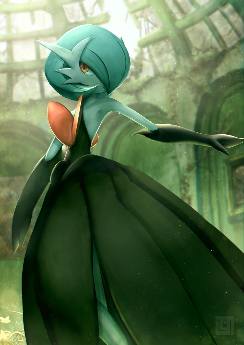 1girl absurdres alternate_color arm_up bare_shoulders black_dress black_gloves blue_hair blurry blurry_background bob_cut broken_window closed_mouth collarbone colored_skin day dress elbow_gloves female_focus flat_chest gardevoir gen_3_pokemon gloves grey_skin hair_over_one_eye happy highres indoors kozsen_810290 light_particles looking_to_the_side mega_gardevoir mega_pokemon nintendo one_eye_covered orange_eyes pokemon pokemon_(creature) ruins shiny_pokemon short_hair smile solo standing strapless strapless_dress watermark