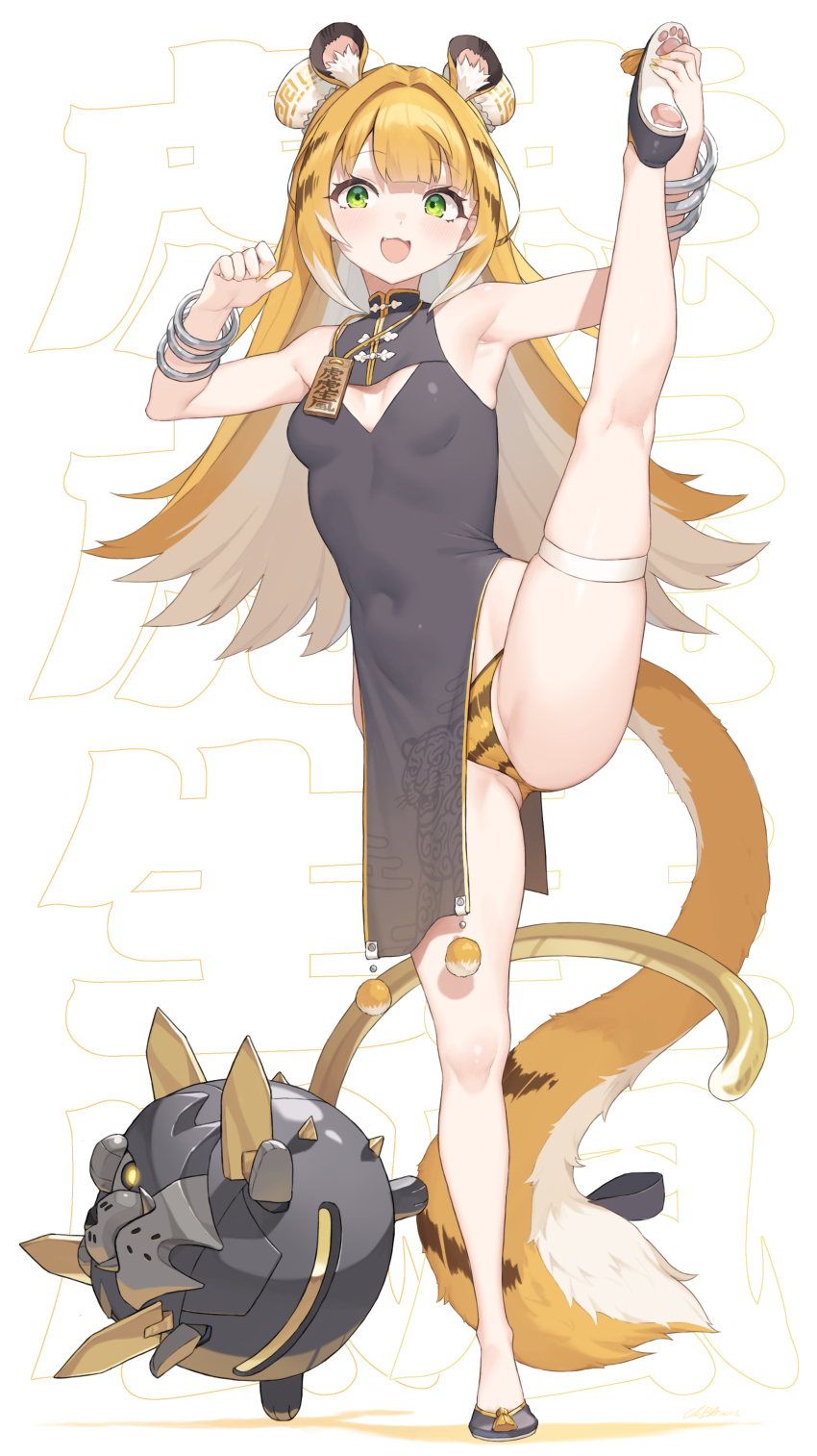 1girl absurdres alternate_costume animal_ear_fluff animal_ears armpits black_dress black_shoes blonde_hair blush breasts bun_cover china_dress chinese_clothes cloba colored_inner_hair commentary_request covered_navel double_bun dress green_eyes hair_bun highres ju_fufu kneepits leg_hold leg_lift leg_up legs loli long_hair looking_at_viewer multicolored_hair open_mouth panties shoes simple_background skindentation sleeveless sleeveless_dress small_breasts smile split standing standing_on_one_leg standing_split striped_clothes striped_hair striped_panties tail thigh_strap thighs tiger_ears tiger_girl tiger_stripes tiger_tail underwear white_background zenless_zone_zero