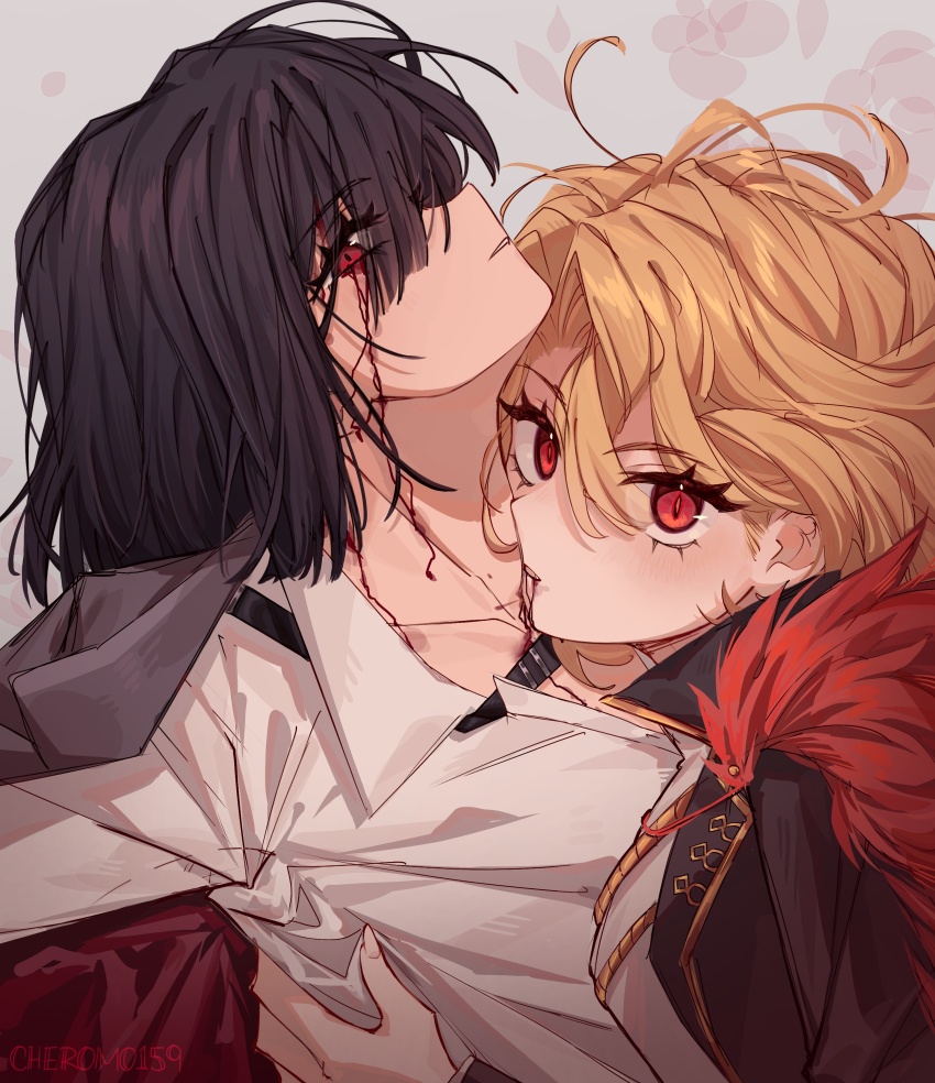 2girls absurdres aiguillette biting black_hair blonde_hair blood blood_from_neck blood_on_neck bloody_tears cheromo159 collared_shirt don_quixote_(project_moon) fang feather_boa fingernails hickey highres limbus_company long_fingernails looking_at_viewer multiple_girls neck_biting open_collar project_moon red_eyes ryoshu_(project_moon) sancho_(project_moon) shirt short_hair shoulder_strap vampire white_shirt yuri