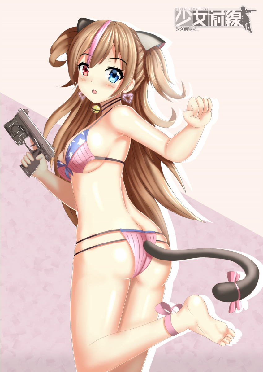 1girl american_flag american_flag_bikini american_flag_print an/peq-6 animal_ears armpits ass barefoot bell bikini blue_eyes blush breasts brown_hair butt_crack cat_ears cat_tail choker cleavage clenched_hand clothing_cutout earrings feet female_focus flag_print flag_print_bikini flashlight from_behind girls&#039;_frontline gun h&amp;k_mark_23 handgun heart heart_earrings heckler_&amp;_koch heterochromia highres holding holding_gun holding_weapon insight_technology jewelry laser_aiming_module laser_pointer laser_sight leg_ribbon leg_up long_hair looking_at_viewer looking_back match_grade match_grade_firearm match_grade_pistol medium_breasts mk23_(girls&#039;_frontline) multicolored_hair neck_bell offensive_handgun open_mouth pink_ribbon pistol print_bikini prophosphere red_eyes ribbon shiny_skin skindentation soles solo summer swimsuit tactical_light tail tail_through_clothes thighs trigger_discipline weapon