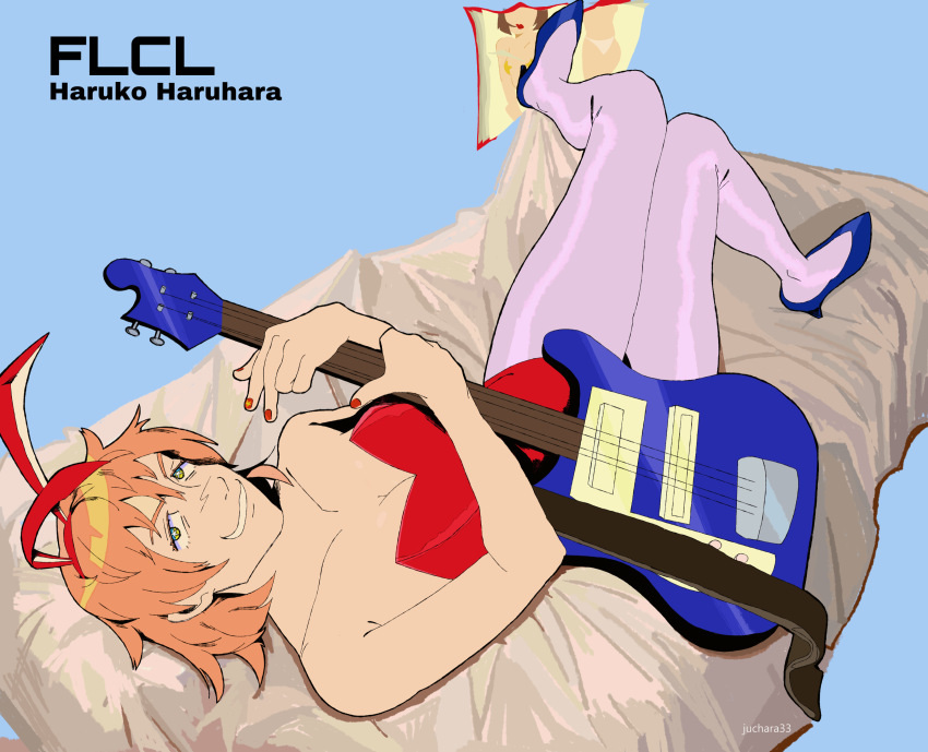 1girl absurdres animal_ears artist_name bed blue_background breasts character_name cleavage copyright_name electric_guitar fake_animal_ears flcl full_body guitar haruhara_haruko highres holding holding_guitar holding_instrument instrument juchara33 large_breasts leotard looking_at_viewer magazine_(object) on_bed pantyhose purple_hair red_leotard red_nails short_hair smile solo white_pantyhose yellow_eyes