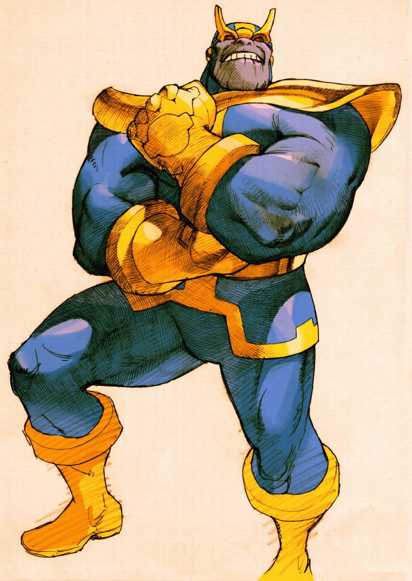 1boy absurdres armor avengers_(series) bengus boots capcom clenched_hand colored_skin game_cg giant helmet highres infinity_gauntlet male_focus marvel marvel_vs._capcom marvel_vs._capcom_2 non-web_source purple_skin red_pupils scan shoulder_pads simple_background solo teeth thanos