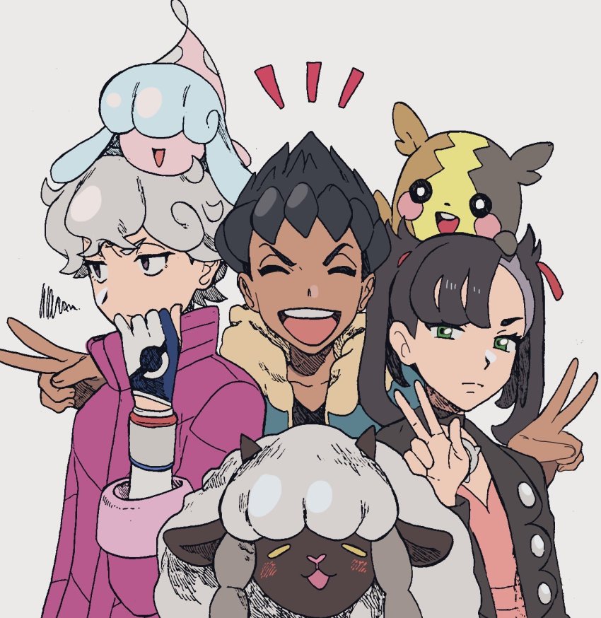 1girl 2boys asymmetrical_bangs bede_(pokemon) black_choker black_hair black_jacket choker closed_eyes commentary_request curly_hair dark-skinned_male dark_skin double_v dress fur-trimmed_jacket fur_trim gen_8_pokemon hair_ribbon hatenna highres hop_(pokemon) jacket long_sleeves looking_at_viewer marnie_(pokemon) morpeko morpeko_(full) multiple_boys nashubi_(to_infinity_wow) nintendo open_clothes open_mouth pink_dress pokemon pokemon_(creature) pokemon_swsh popped_collar purple_eyes red_ribbon ribbon shirt smile v white_background wooloo