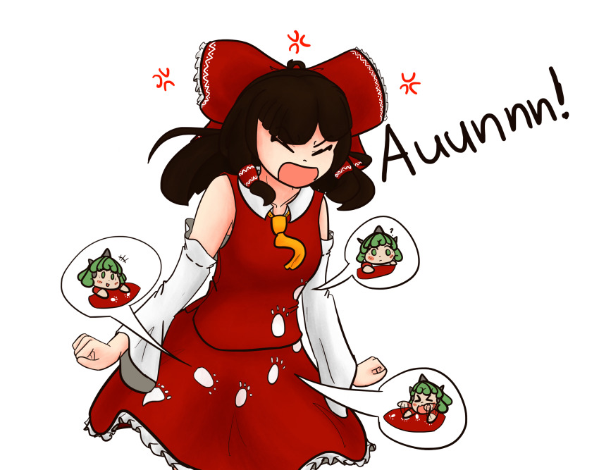 &gt;_&lt; 1girl anger_vein angry animal_hands cowboy_shot english_text female_focus hakurei_reimu highres komano_aunn paw_print playing_with_paint senatorsnowbear shouting solo standing touhou white_paint