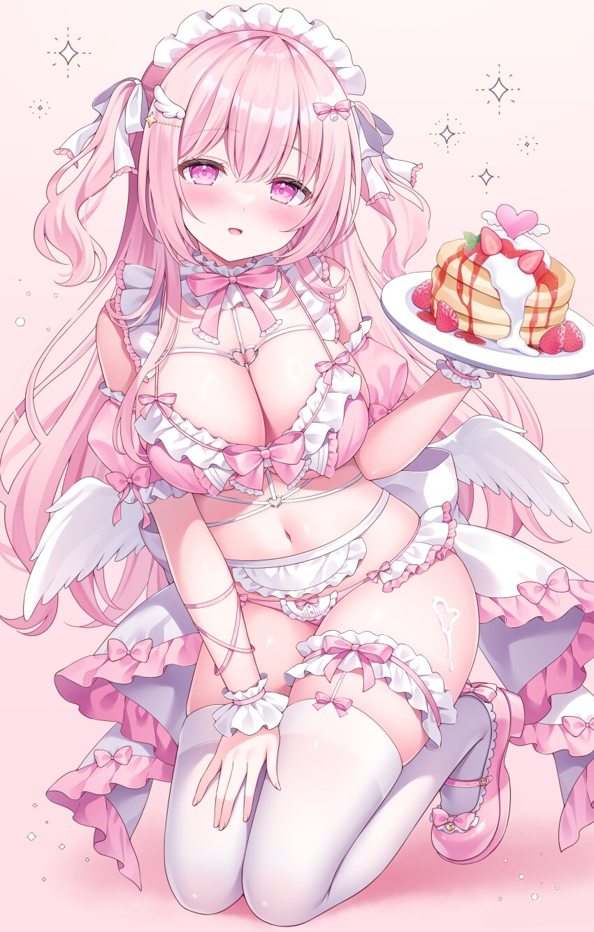 1girl absurdres angel_wings apron arm_ribbon blush bow bowtie bra breasts cake choker cleavage commentary commentary_request detached_sleeves dot_nose food frilled_apron frilled_bra frilled_choker frilled_panties frilled_sleeves frilled_thigh_strap frills fruit full_body hair_bow hair_ornament hand_on_own_leg hand_up highres holding holding_plate kneeling large_breasts lingerie long_hair looking_at_viewer maid maid_headdress midriff miniapron navel open_mouth original pancake panties pink_background pink_bow pink_bowtie pink_bra pink_eyes pink_panties pink_shoes plate puffy_short_sleeves puffy_sleeves purple_eyes ribbon sash shiono_(0303) shoes short_sleeves simple_background solo sparkle sparkle_hair_ornament straight_hair strawberry string_panties syrup thigh_strap thighhighs two_side_up underwear very_long_hair whipped_cream white_apron white_background white_bow white_thighhighs wing_hair_ornament wings wrist_cuffs