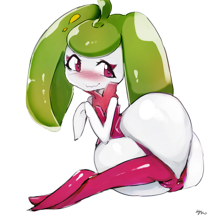 1girl ahoge anus artist_name averting_eyes blush closed_mouth colored_skin crossed_legs female_focus flat_chest from_side full_body gen_7_pokemon green_hair hands_up happy highres long_hair looking_to_the_side monster_girl multicolored_skin my700 nintendo nose_blush own_hands_together pink_eyes pink_skin plant_girl pokemon pokemon_(creature) pussy shiny_skin shy signature simple_background sitting sketch smile solo steenee twintails two-tone_skin uncensored wavy_mouth white_background white_skin