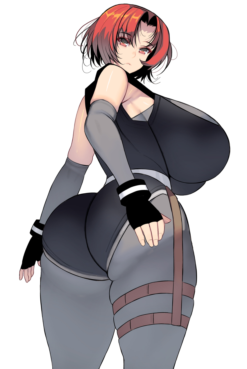 1girl absurdres artist_request ass ass_focus bare_shoulders bodysuit breasts dino_crisis fingerless_gloves from_behind from_below gloves highres holster huge_ass large_breasts looking_at_viewer looking_back looking_down red_eyes red_hair regina_(dino_crisis) short_hair sideboob solo thick_thighs thigh_holster thighs