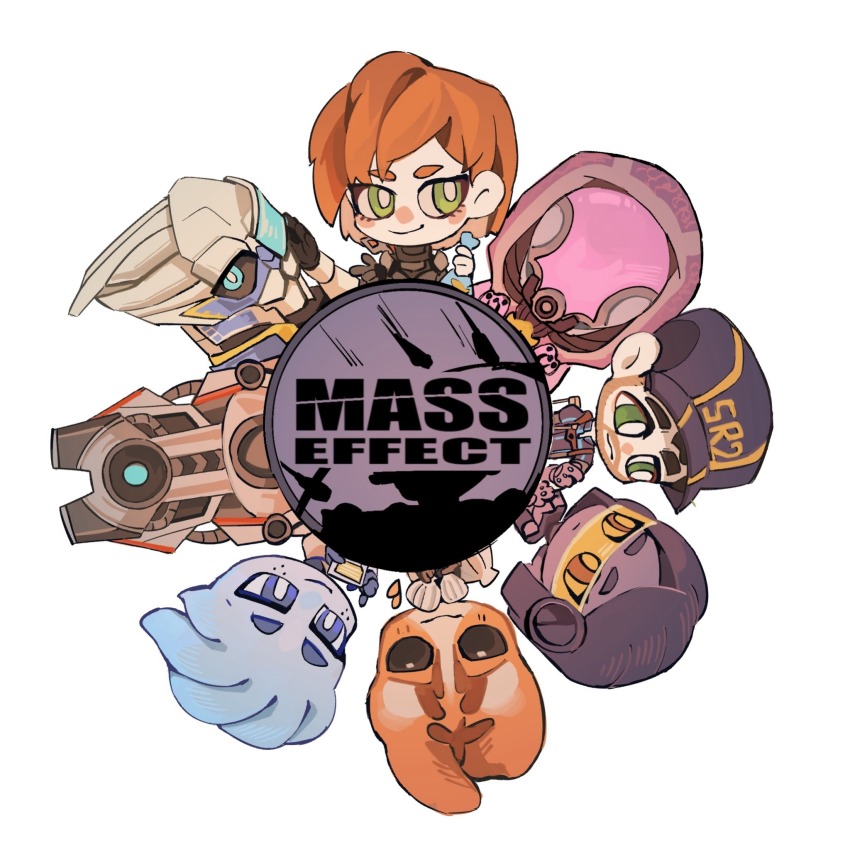alien asari chibi commander_shepard commander_shepard_(female) edi_(mass_effect) geth highres jeff_moreau joker_(mass_effect) legion_(mass_effect) liara_t&#039;soni mass_effect_(series) mordin_solus robot salarian ssv-akinarii tali&#039;zorah turian white_background
