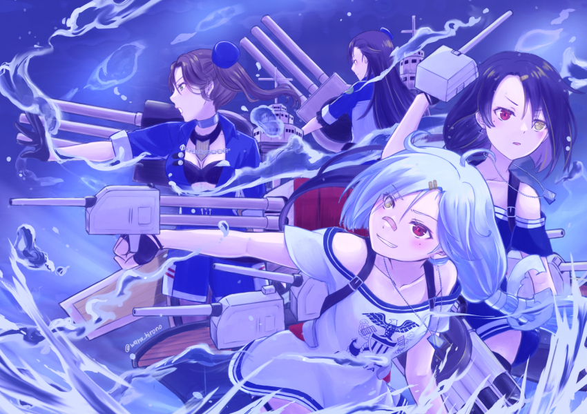 4girls ahoge arizona_(azur_lane) azur_lane bandaid bandaid_on_face bandaid_on_nose bare_shoulders black_gloves black_hair black_shirt cassin_(azur_lane) downes_(azur_lane) fingerless_gloves gloves grin gun hair_ornament hairclip heterochromia holding holding_gun holding_weapon long_hair mole mole_under_eye multiple_girls open_mouth pennsylvania_(azur_lane) red_eyes ship_turret shirt smile twitter_username water weapon white_hair white_shirt yellow_eyes yunana_seki