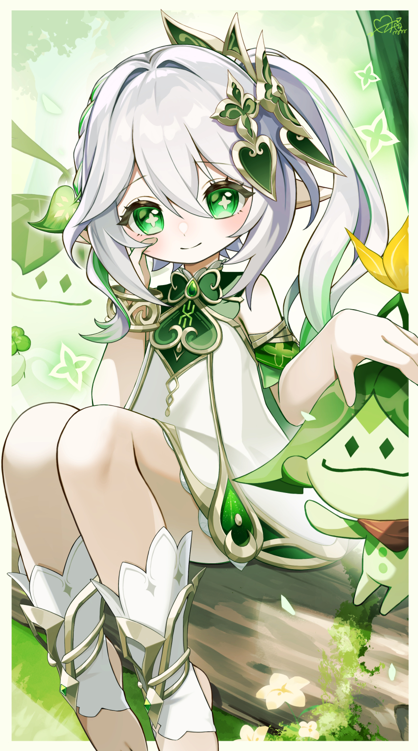 1girl 1other absurdres aranara_(genshin_impact) braid closed_mouth cross-shaped_pupils detached_sleeves dress flower from_side genshin_impact green_eyes hair_ornament highres leaf_hair_ornament light_blush long_hair looking_at_viewer nahida_(genshin_impact) pointy_ears short_sleeves sitting sleeveless sleeveless_dress smile symbol-shaped_pupils white_hair yellow_flower yuru_mocharu