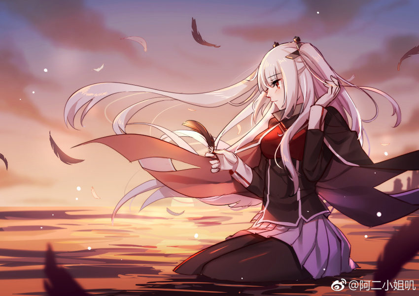 1girl aer_(tengqiu) black_cape black_pantyhose cape dusk essex_(warship_girls_r) feathers floating_hair gloves highres long_hair outdoors pantyhose pleated_skirt red_eyes sitting skirt sky solo twintails two_side_up very_long_hair warship_girls_r watermark weibo_watermark white_gloves white_hair