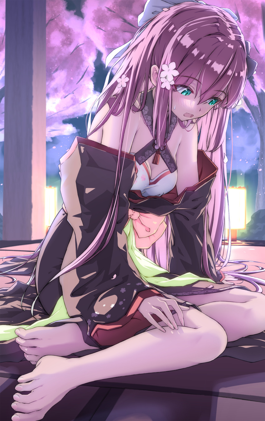 1girl absurdres barefoot blush bow breasts cherry_blossoms cleavage em_elm flower full_body green_eyes hair_bow hair_flower hair_ornament highres japanese_clothes kimono long_hair looking_to_the_side nijisanji on_floor open_clothes open_kimono open_mouth pink_hair sakura_ritsuki sitting small_breasts solo tatami very_long_hair virtual_youtuber yokozuwari