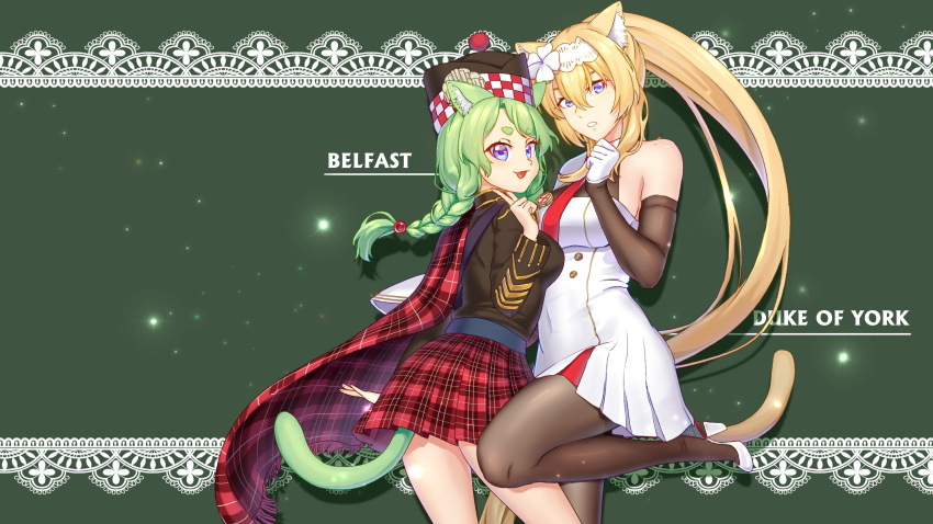 2girls absurdres animal_ears belfast_(warship_girls_r) bingdian_lihua black_legwear blue_eyes breasts cat_ears cat_tail duke_of_york_(warship_girls_r) highres kilt large_breasts long_hair multiple_girls necktie tail very_long_hair warship_girls_r
