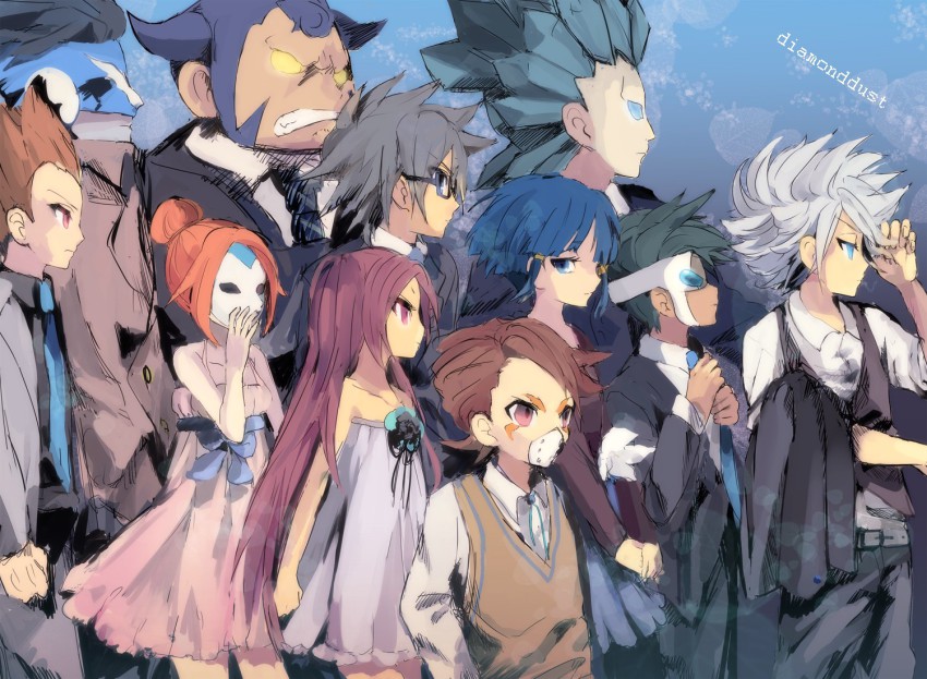 3girls 6+boys bad_id bad_pixiv_id blue_eyes blue_hair brother_and_sister dress formal_clothes gokukawa_kantarou inazuma_eleven inazuma_eleven_(series) kadomichi_tooru kurakake_clara kurione_yuki len_(tsukihime) long_hair mask multiple_boys multiple_girls off_shoulder orange_hair purple_eyes purple_hair red_eyes rei_mikoori ribbon shirai_ikkaku short_hair siblings suit suzuno_fuusuke toba touchi_ai touchi_shuuji tsumujino_touji white_hair yo_yuma
