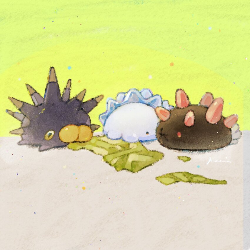 commentary_request eating gen_7_pokemon gen_8_pokemon maruko_inari nintendo no_humans pincurchin pokemon pokemon_(creature) pyukumuku signature simple_background snom solid_circle_eyes spikes
