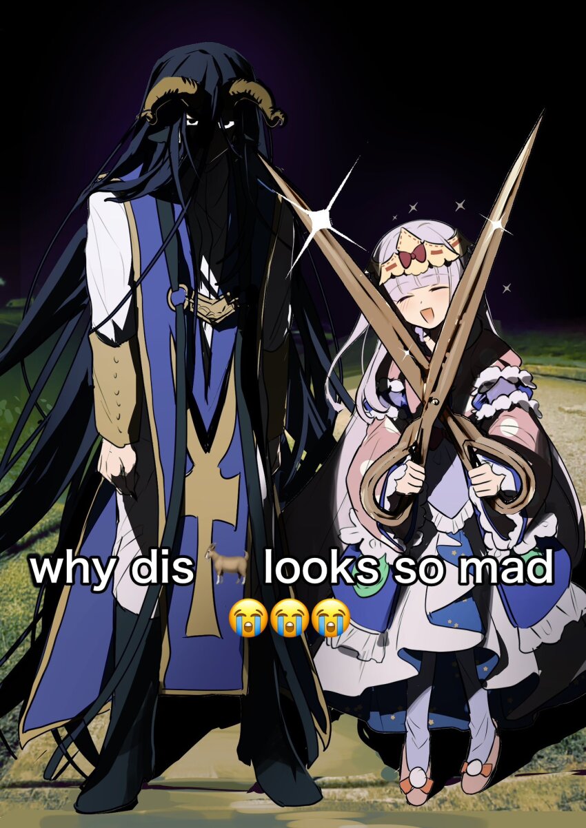 1boy 1girl aurora_sya_lis_kaymin black_hair boots clenched_hands closed_eyes commentary commentary_request demon_cleric derivative_work english_commentary english_text glaring height_difference highres holding holding_scissors hongxiaoyuji horns long_hair looking_at_viewer maou-jou_de_oyasumi meme mixed-language_commentary night official_alternate_hair_length official_alternate_hairstyle outdoors purple_hair scissors smile sparkle why_dis_ninja_look_so_mad_(meme)