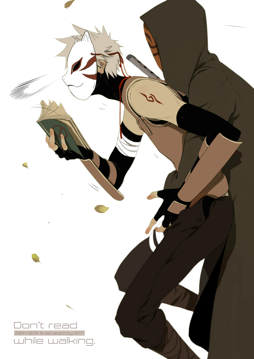 2014 2boys absurdres black_pants bluesy book cloak english_text grey_hair hatake_kakashi highres holding holding_book hug leaf long_sleeves male_focus mask masked_madara mouth_mask multiple_boys naruto_(series) pants short_hair surprised tattoo uchiha_obito waist_grab yaoi