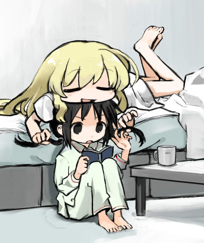 2girls alternate_costume alternate_universe annoyed barefoot bed bedroom black_eyes black_hair blonde_hair book chin_rest chito_(shoujo_shuumatsu_ryokou) closed_eyes contemporary cup grey_background head_on_head head_rest highres hitonatz holding holding_book indoors lying mug multiple_girls on_stomach open_mouth pajamas playing_with_another&#039;s_hair reading shoujo_shuumatsu_ryokou the_pose v-shaped_eyebrows yuri yuuri_(shoujo_shuumatsu_ryokou)