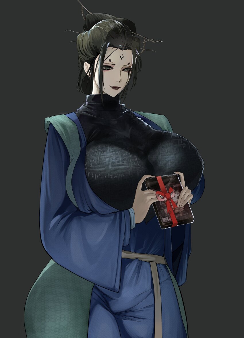 1girl black_eyes black_hair black_myth:_wukong breasts fourth_sister_(black_myth:_wukong) gift hair_bun hair_ornament hair_stick highres holding huge_breasts lumc makeup simple_background solo