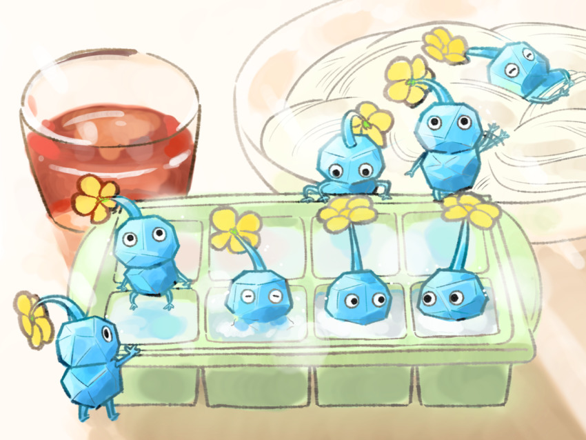 black_eyes blue_skin bowl closed_eyes colored_skin creature creature_focus flower food food_focus glass ice ice_cube ice_pikmin nintendo no_humans no_mouth nola_crowe noodles oversized_food oversized_object pasta pikmin_(creature) pikmin_(series) shadow sitting sleeping soumen standing tea white_background yellow_flower