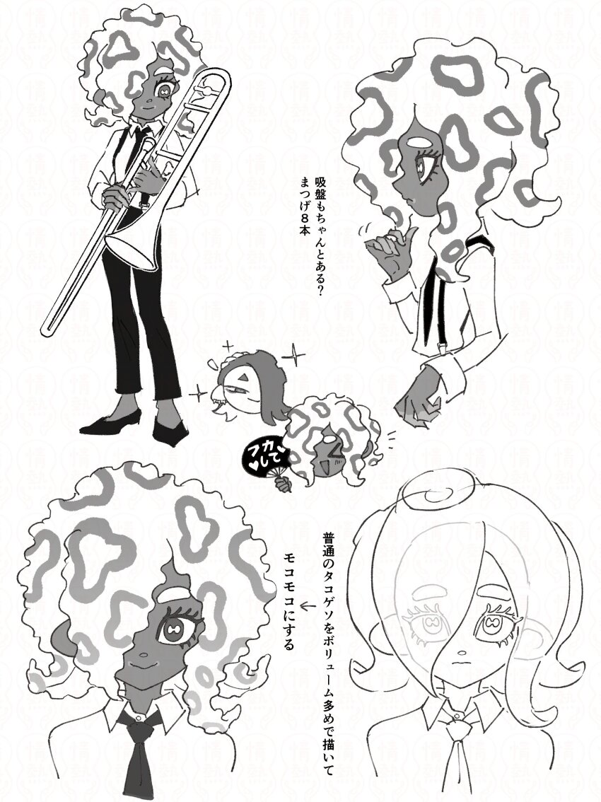 2girls absurdres black_necktie black_pants black_shoes black_suspenders cropped_torso dark-skinned_female dark_skin expressionless greyscale highres holding holding_instrument holding_trombone instrument jounetsu_(jonetunoaoitako) long_sleeves looking_at_viewer monochrome multiple_girls multiple_views necktie nintendo pants profile shirt shiver_(splatoon) shoes solo_focus splatoon_(series) splatoon_3 tao_blu translation_request trombone white_shirt