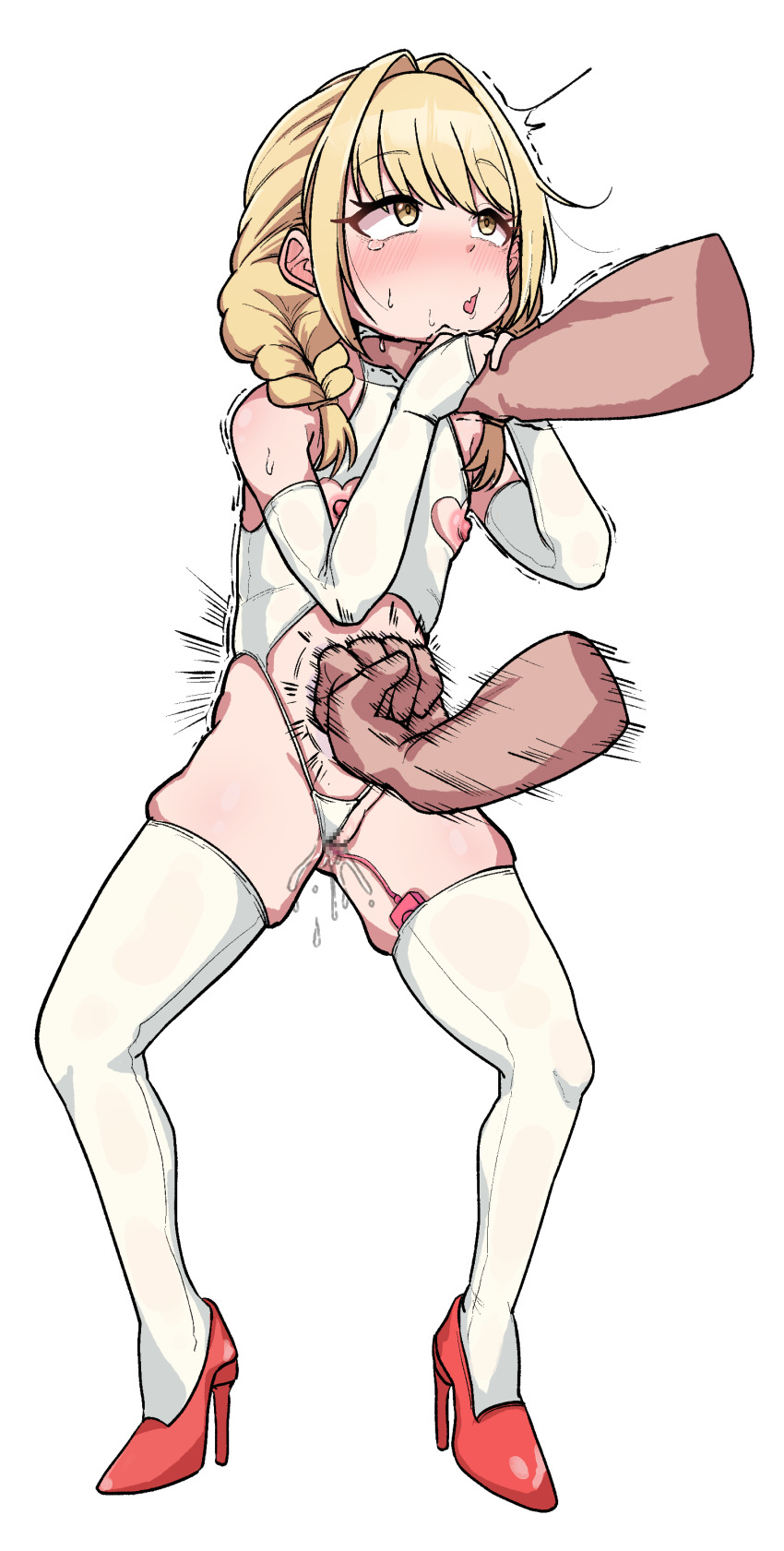 1boy 1girl absurdres blonde_hair blush braid bridal_gauntlets censored clothing_aside clothing_cutout commentary commission disembodied_hand elbow_gloves english_commentary fang flat_chest fujita_kotone gakuen_idolmaster gloves heart_cutout hetero high_heels highres idolmaster legs_apart leotard leotard_aside loli long_hair mosaic_censoring nipple_cutout nipples open_mouth poyo154297 punching pussy red_shoes remote_control_vibrator ryona sex_toy shoes simple_background skin_fang solo_focus stomach_cutout strangling thighhighs transparent_background twin_braids vibrator vibrator_cord vibrator_in_thighhighs white_gloves white_leotard white_thighhighs yellow_eyes