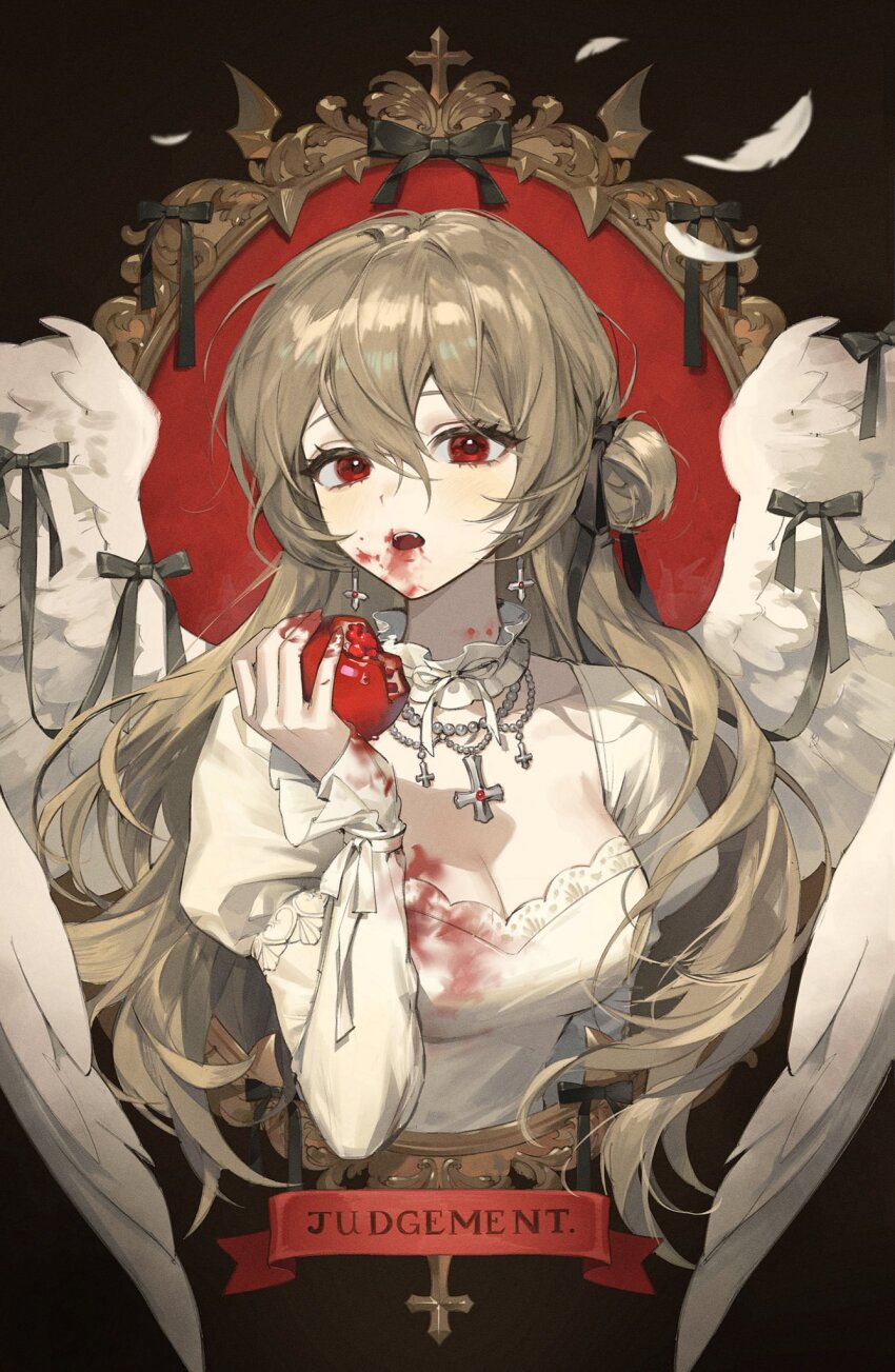 1girl bite_mark bite_mark_on_neck black_bow black_ribbon blonde_hair blood blood_on_clothes blood_on_face bow breasts choker cleavage cross eyelashes falling_feathers feathered_wings feathers food frilled_choker frills fruit gem hair_between_eyes highres holding holding_food holding_fruit inverted_cross inverted_cross_necklace jewelry juliet_sleeves long_hair long_sleeves medium_breasts misonyeo_s2 necklace open_mouth original pearl_(gemstone) pearl_necklace picture_frame pomegranate puffy_sleeves red_eyes ribbon sidelocks solo teeth upper_body upper_teeth_only white_choker white_feathers white_wings wings