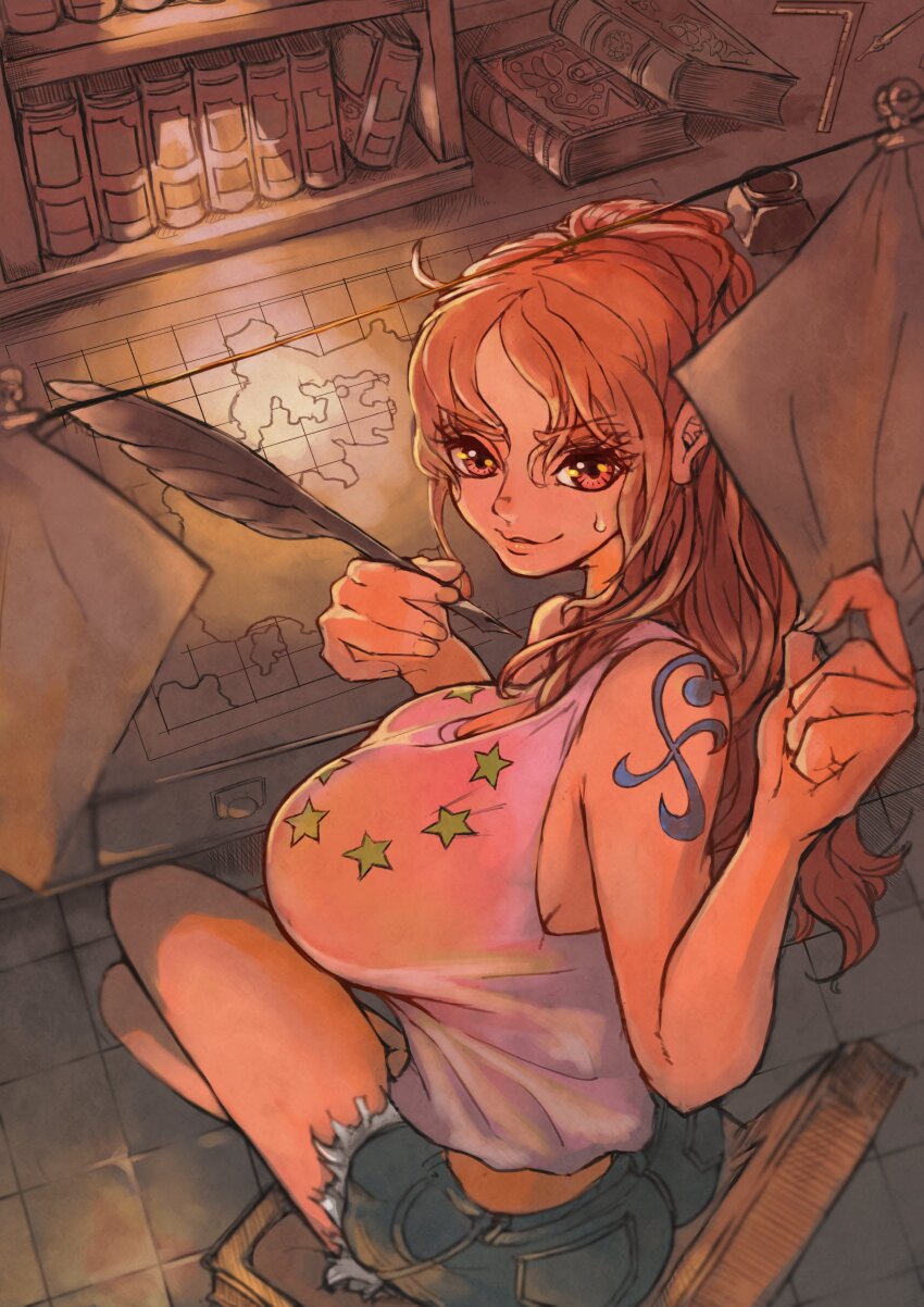 1girl absurdres bare_shoulders blue_shorts book breasts chair closed_mouth commentary_request crossed_legs denim denim_shorts desk from_above hand_up hato_hato_hato highres holding holding_paper holding_quill indoors ink large_breasts long_hair looking_at_viewer looking_back map nami_(one_piece) one_piece orange_eyes orange_hair paper print_tank_top quill short_shorts shorts shoulder_tattoo sitting solo star_(symbol) star_print sweatdrop tank_top tattoo white_tank_top