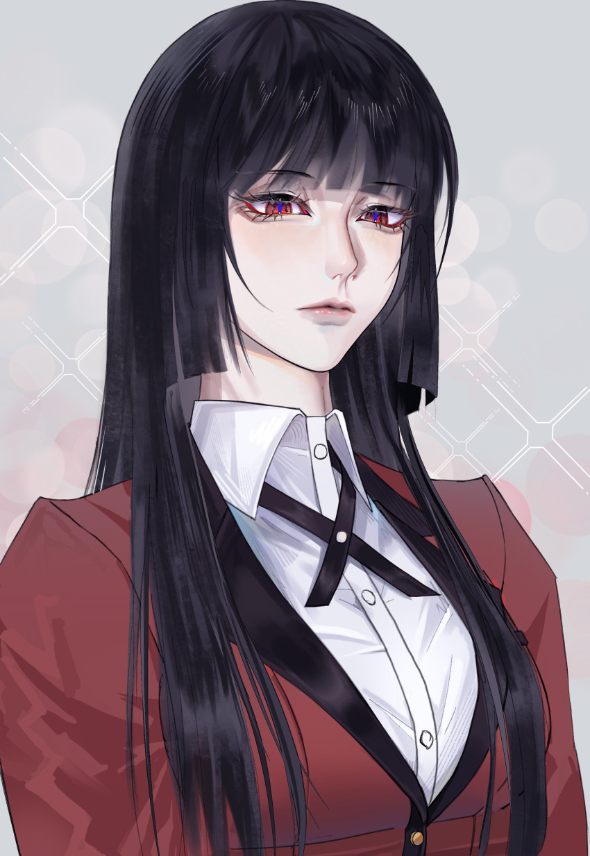 1girl absurdres black_hair blue_pupils blunt_bangs chinese_commentary commentary_request formal_clothes highres hime_cut hyakkaou_academy_school_uniform jabami_yumeko jacket kakegurui long_hair miseqi red_eyes red_jacket red_suit school_uniform shirt solo suit white_shirt