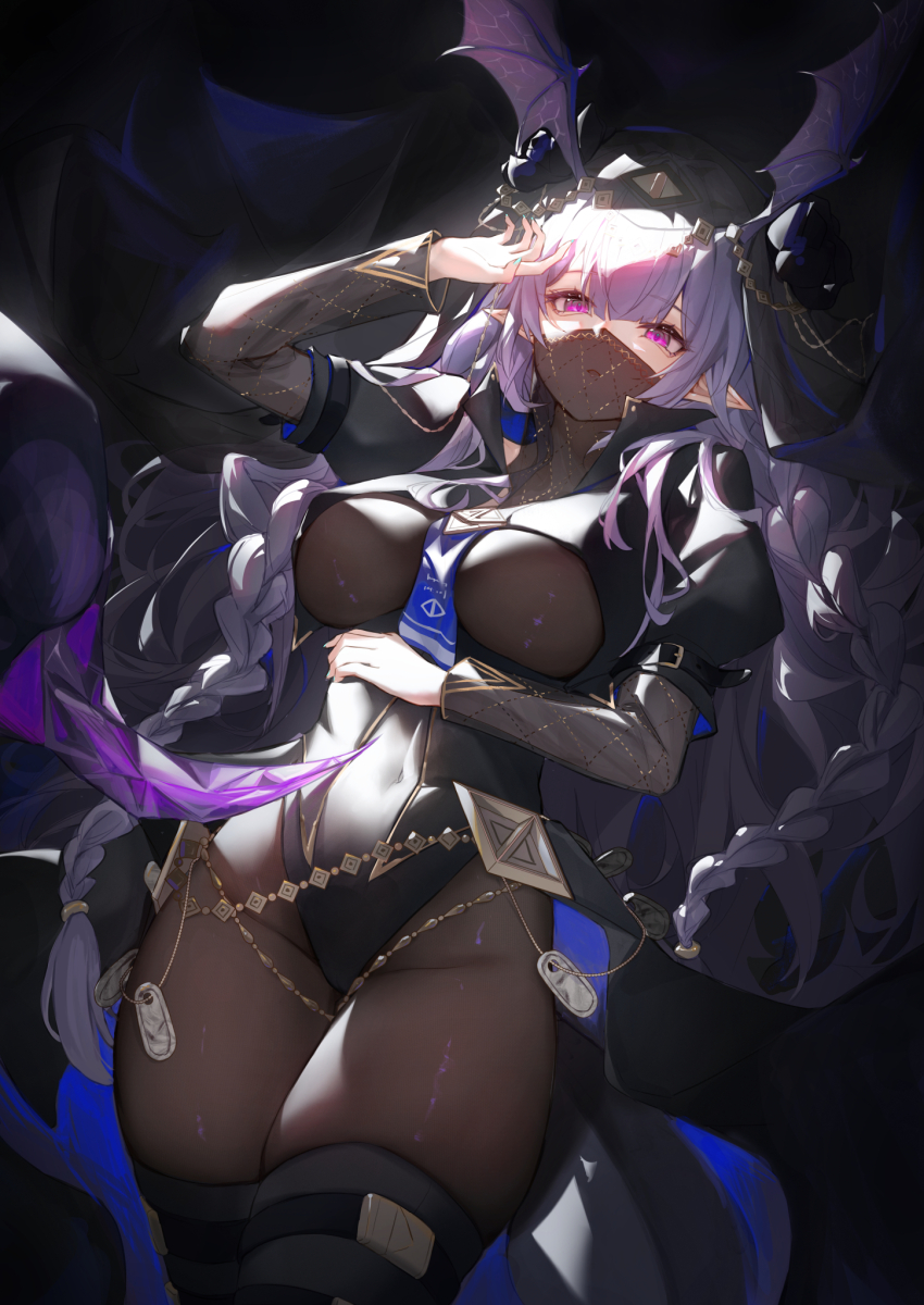 1girl arknights bat_wings blue_necktie bodystocking braid breasts covered_navel hand_on_own_face hand_on_own_stomach head_wings highres large_breasts manticore_(arknights) manticore_(under_a_veil)_(arknights) mouth_veil necktie official_alternate_costume pointy_ears purple_eyes purple_hair ru_yan skindentation solo thighs twin_braids veil wings