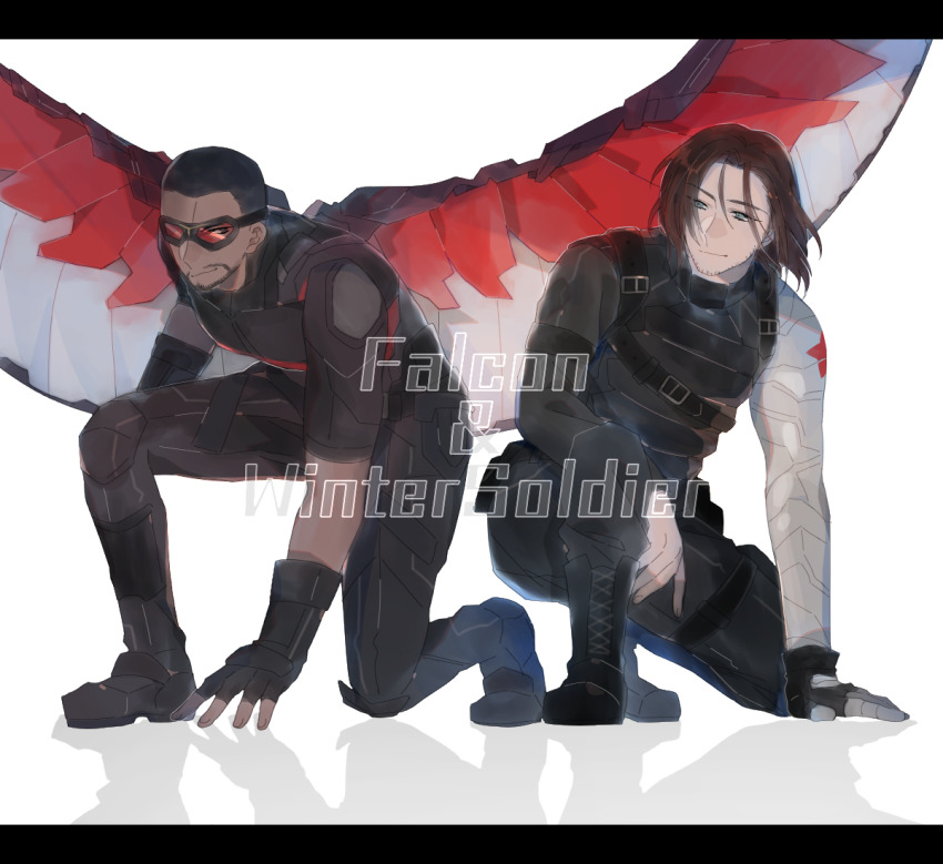 2boys animification beard blue_eyes brown_hair bucky_barnes buzz_cut captain_america:_the_winter_soldier captain_america_(series) captain_america_the_winter_soldier character_name cyborg dark-skinned_male dark_skin facial_hair fingerless_gloves gloves goggles long_hair male_focus marvel marvel_cinematic_universe mechanical_arms mechanical_wings multiple_boys namahamu_(hmhm_81) sam_wilson short_hair single_mechanical_arm stubble the_falcon the_falcon_and_the_winter_soldier very_short_hair wings winter_soldier