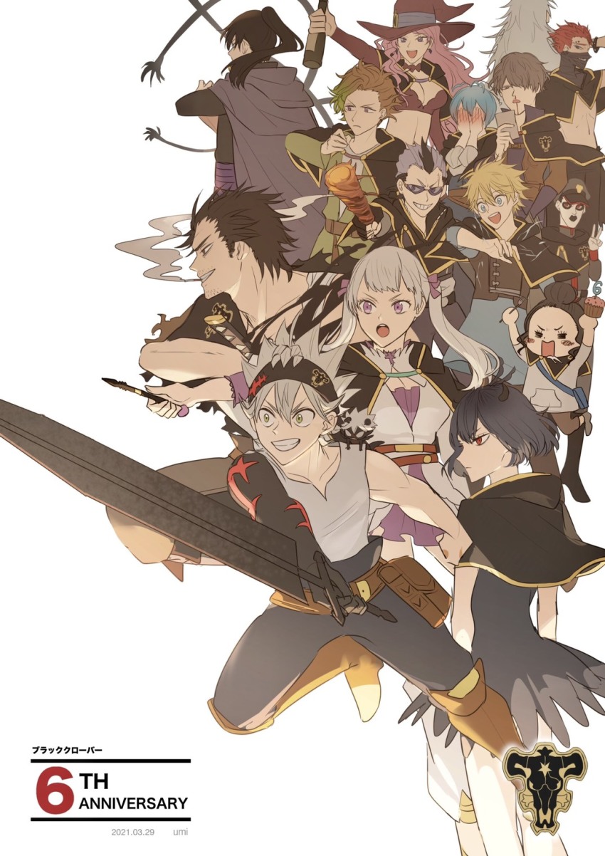 5girls 6+boys alcohol anniversary asta_(black_clover) baseball_bat black_clover black_hair blood breasts charmy_pappitson cigarette cleavage cupcake embarrassed finral_roulacase food fork gauche_adlai gordon_agrippa green_eyes grey_(black_clover) hair_ribbon hat headband henry_legolant highres holding holding_baseball_bat holding_food holding_fork holding_sword holding_weapon horns large_breasts liebe_(black_clover) long_hair luck_voltia magna_swing makeup midriff multiple_boys multiple_girls nacht_faust noelle_silva nosebleed open_mouth pink_hair ponytail purple_eyes red_eyes red_hair ribbon secre_swallowtail silver_hair smile smoking sword twintails vanessa_enoteca weapon witch_hat yami_sukehiro zora_ideale