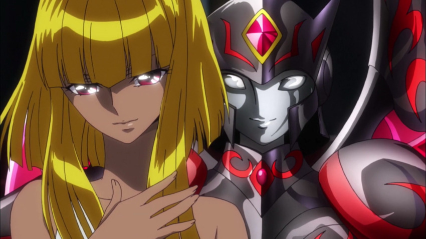 10s 1girl armor bare_arms blonde_hair bob_cut dark-skinned_female dark_skin dress female_focus hand_on_own_chest looking_at_viewer pallas red_eyes saint_seiya saint_seiya_omega screencap sleeveless sleeveless_dress smile solo third-party_edit toei_animation upper_body white_dress