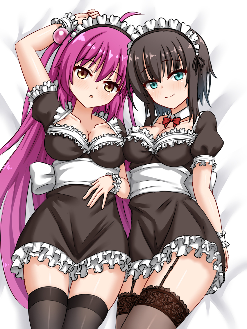 2girls \||/ ahoge alternate_costume alternate_hairstyle aoi_erika aqua_eyes arm_behind_back arm_up back_bow bed_sheet black_dress black_hair black_thighhighs blush bow bowtie breasts cleavage closed_mouth collarbone commentary_request company_connection crossover detached_collar dress enmaided frilled_dress frilled_sleeves frilled_wrist_cuffs frills futaki_kanata garter_straps hair_between_eyes hair_bobbles hair_ornament hand_on_own_stomach heaven_burns_red highres key_(company) large_breasts little_busters! long_hair looking_at_viewer lying maid maid_headdress multiple_girls on_back puffy_short_sleeves puffy_sleeves purple_hair red_bow red_bowtie short_dress short_hair short_sleeves side-by-side smile split_mouth straight_hair tamba_i thighhighs two_side_up very_long_hair white_bow white_wrist_cuffs wrist_cuffs yellow_eyes zettai_ryouiki