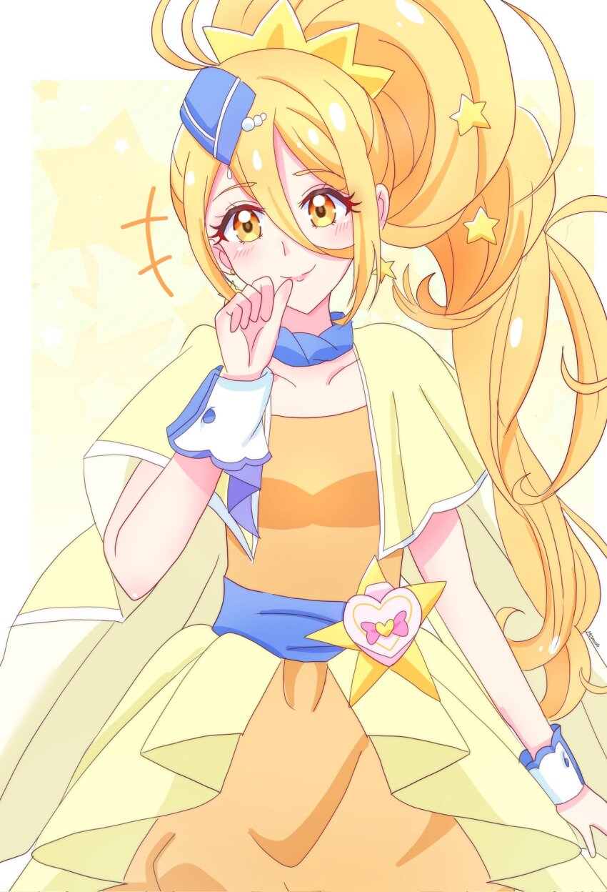 blonde_hair blue_headwear blue_scarf breasts capelet cowboy_shot cure_etoile dress earrings garrison_cap hair_ornament hat heart_pouch highres hugtto!_precure jewelry kagayaki_homare lipstick long_hair looking_at_viewer magical_girl makeup medium_breasts momotarouooi orange_dress precure scarf smile star_(symbol) star_earrings star_hair_ornament wrist_cuffs yellow_capelet yellow_eyes